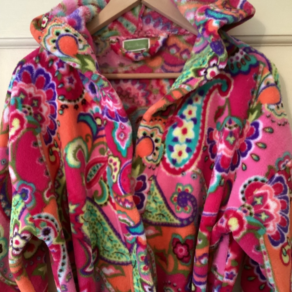 Vera Bradley Pink Paisley Sherpa Fleece Plush Soft Hooded Robe Bathrobe Pockets - Picture 5 of 11